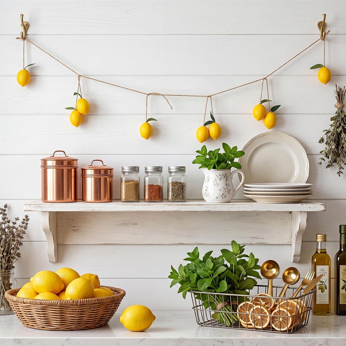 2 Pcs Artificial Lemon Garland Yellow Lemon Hanging Banners Faux Vivid Fruit Vine with Greenery for Spring Summer Wedding Party Door Wall Garden Table Decor Supplies (Yellow)