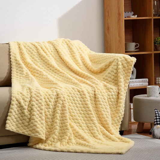 Hexagon Jacquard Throw Blanket for Bed, 50x70 Inch, Light Yellow | Decorative Fuzzy Flannel Fleece Throw Blanket for Sofa Bed Couch, Super Soft Cozy, Suitable for All Seasons