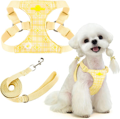 Cute Small Dog Harness and Leash Set Yellow Floral Daisy Puppy Harness Vest Adjustable Step in Spring Summer Soft Mesh Flower Girl Dog Harnesses for Chihuahua Yorkie Pomeranian Shih Tzu, M