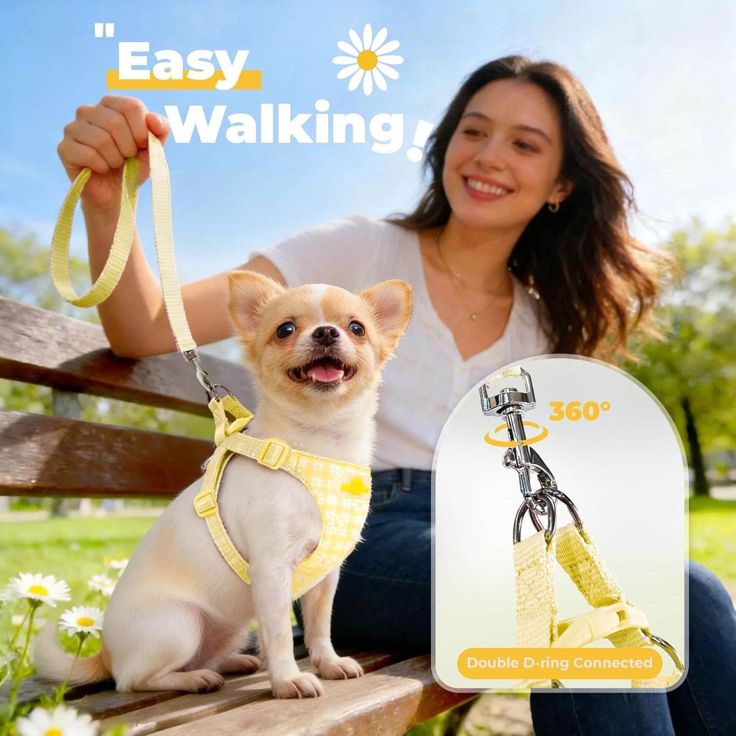 Cute Small Dog Harness and Leash Set Yellow Floral Daisy Puppy Harness Vest Adjustable Step in Spring Summer Soft Mesh Flower Girl Dog Harnesses for Chihuahua Yorkie Pomeranian Shih Tzu, M