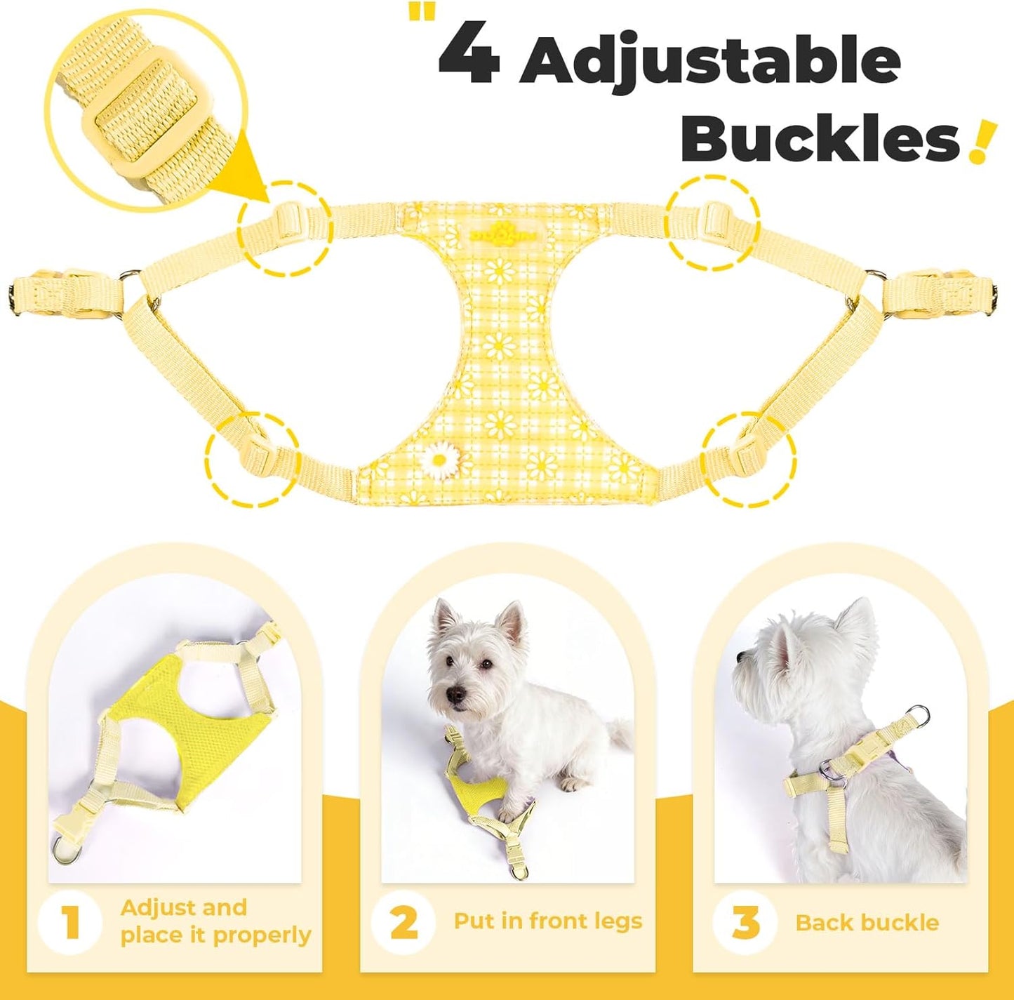 Cute Small Dog Harness and Leash Set Yellow Floral Daisy Puppy Harness Vest Adjustable Step in Spring Summer Soft Mesh Flower Girl Dog Harnesses for Chihuahua Yorkie Pomeranian Shih Tzu, M