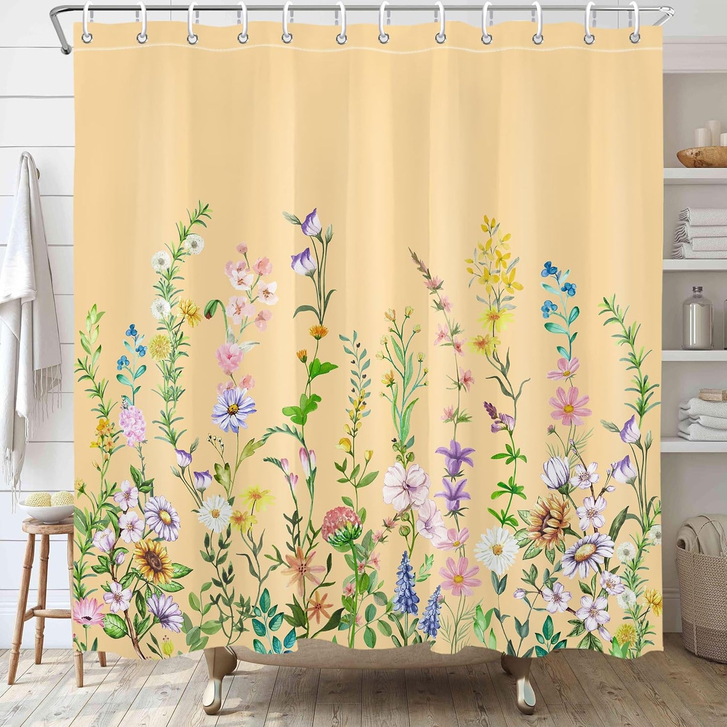 Yellow Floral Flower Shower Curtain Pretty Wildflower Bathroom Shower Curtain Set Boho Cute Shower Curtains Cloth Fabric Shower Curtain