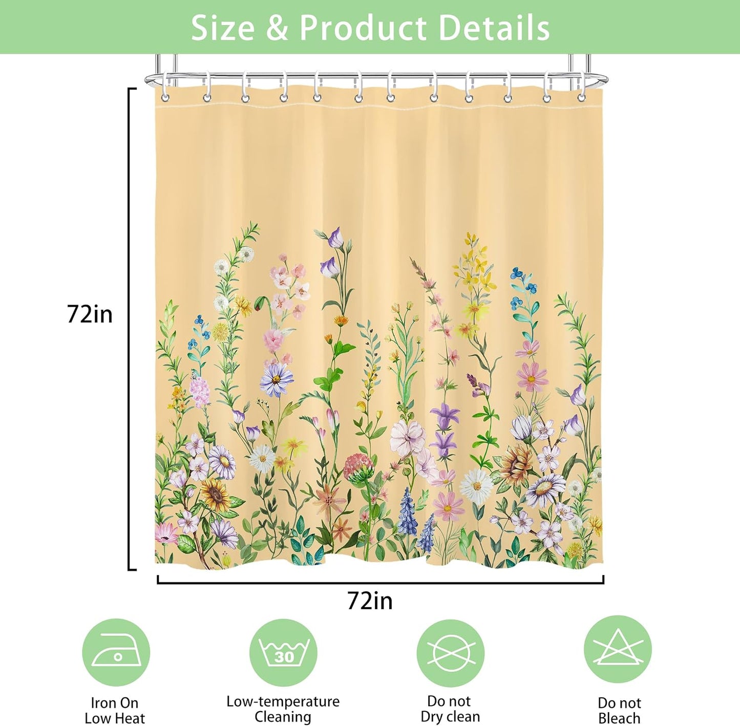 Yellow Floral Flower Shower Curtain Pretty Wildflower Bathroom Shower Curtain Set Boho Cute Shower Curtains Cloth Fabric Shower Curtain