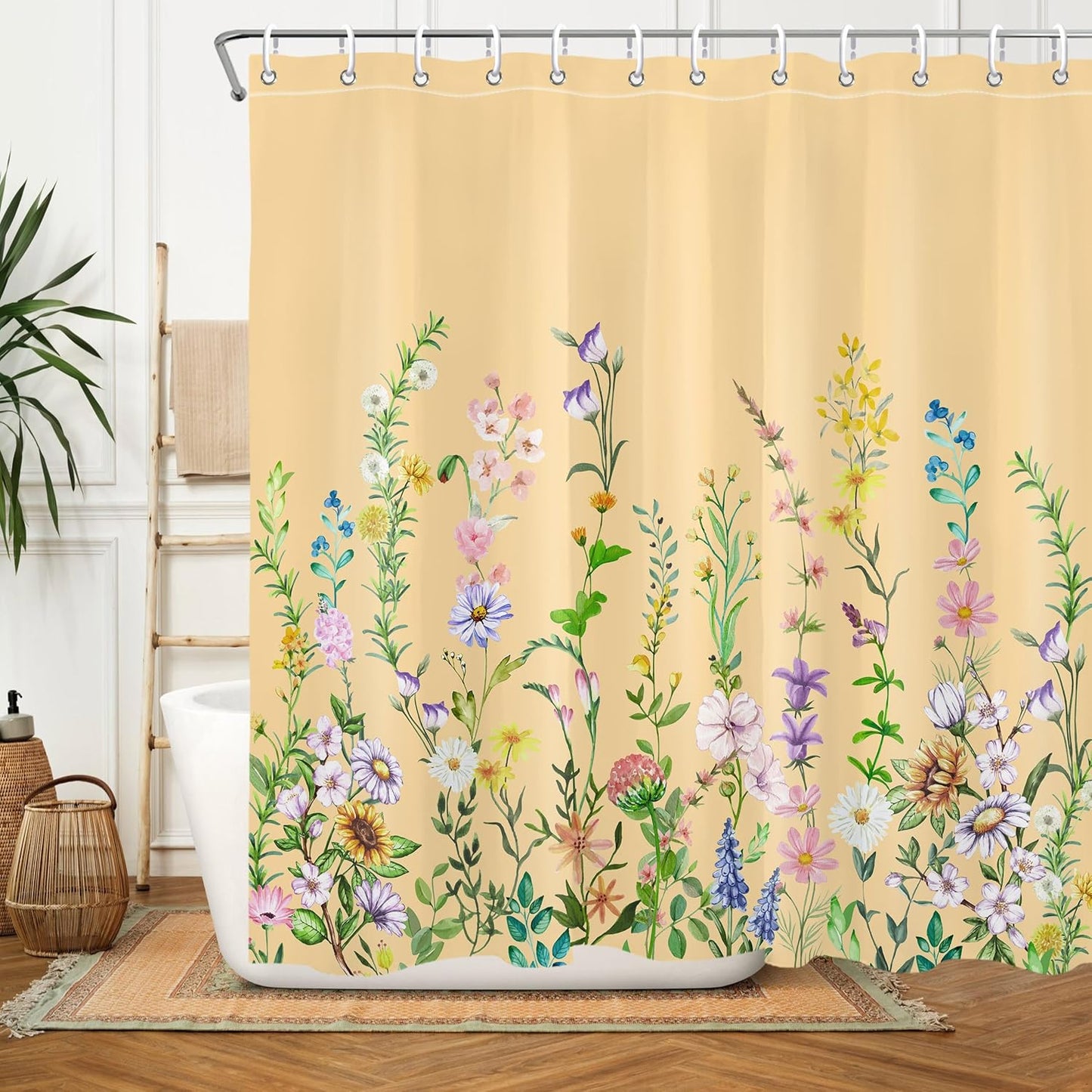 Yellow Floral Flower Shower Curtain Pretty Wildflower Bathroom Shower Curtain Set Boho Cute Shower Curtains Cloth Fabric Shower Curtain