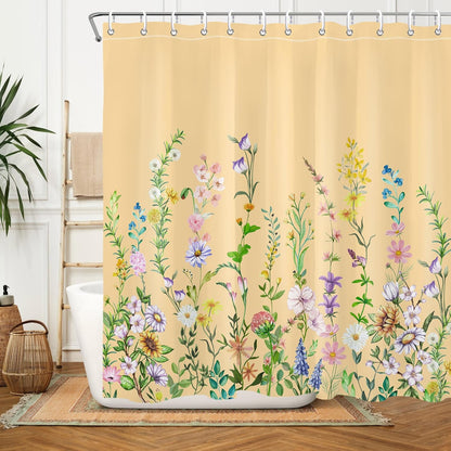 Yellow Floral Flower Shower Curtain Pretty Wildflower Bathroom Shower Curtain Set Boho Cute Shower Curtains Cloth Fabric Shower Curtain