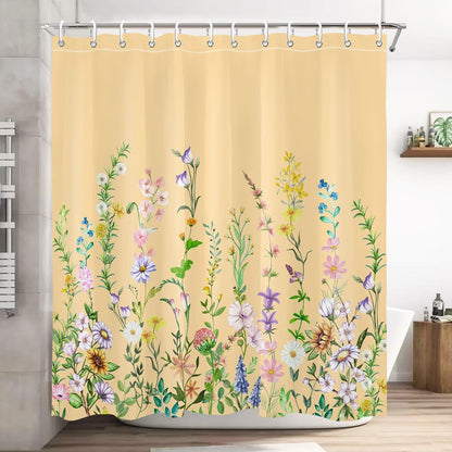 Yellow Floral Flower Shower Curtain Pretty Wildflower Bathroom Shower Curtain Set Boho Cute Shower Curtains Cloth Fabric Shower Curtain