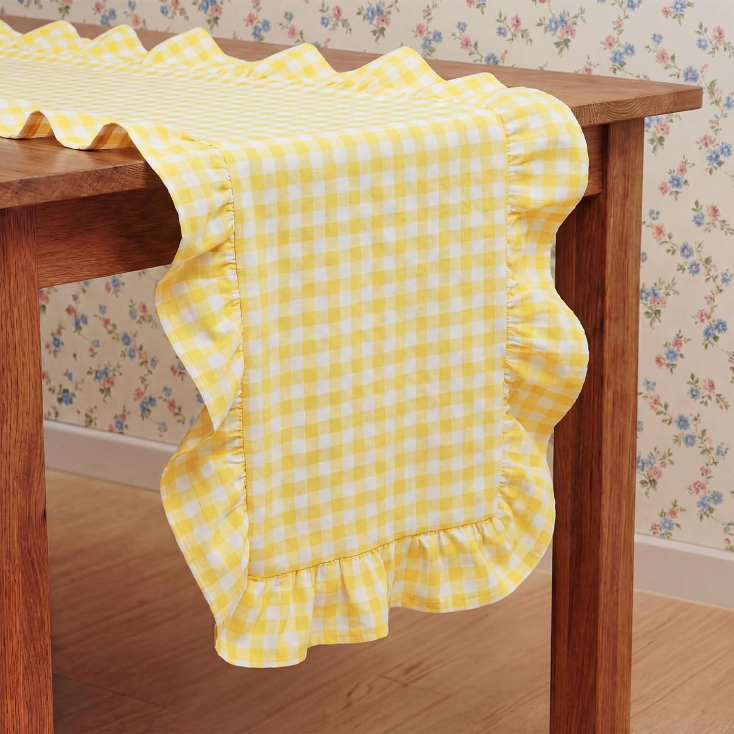 Yellow Gingham Table Runner 12''x71'' Cotton Ruffle Striped Checkered Yellow Plaid Table Runner for Home Kitchen Dinner Party Decorations