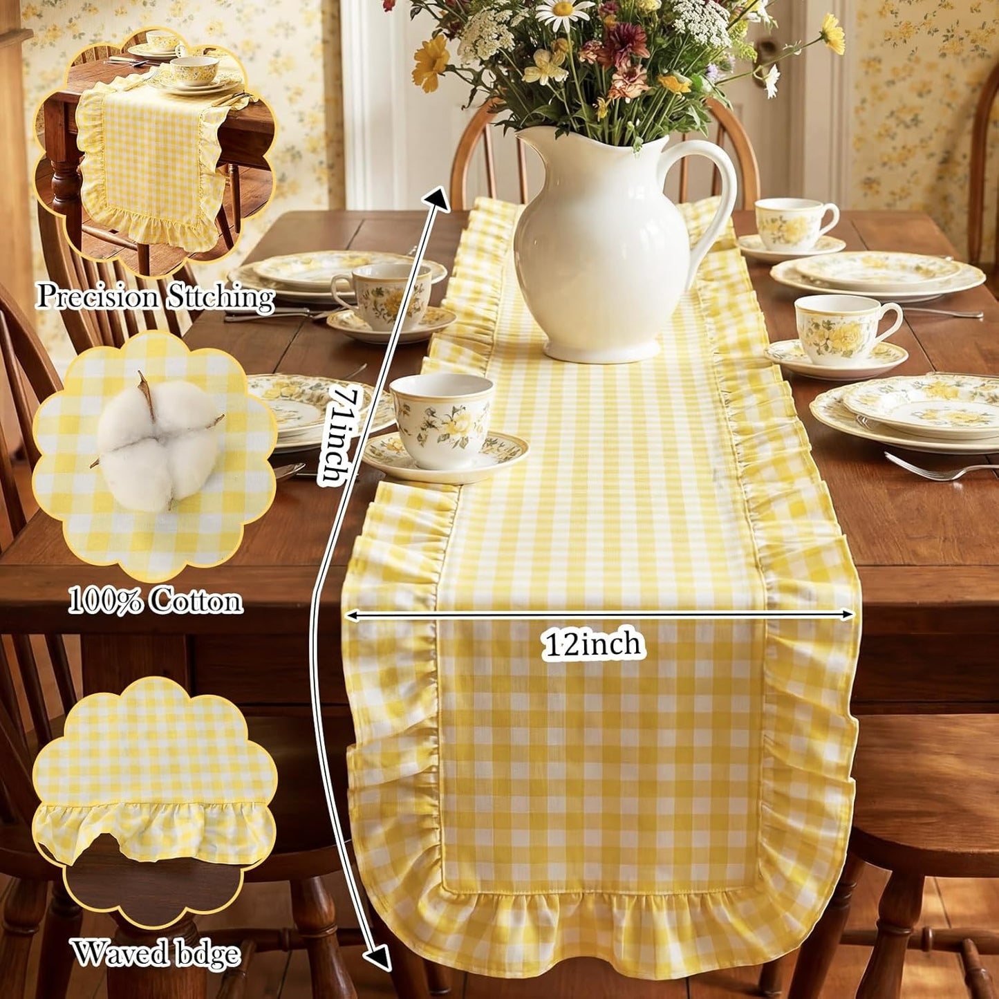 Yellow Gingham Table Runner 12''x71'' Cotton Ruffle Striped Checkered Yellow Plaid Table Runner for Home Kitchen Dinner Party Decorations