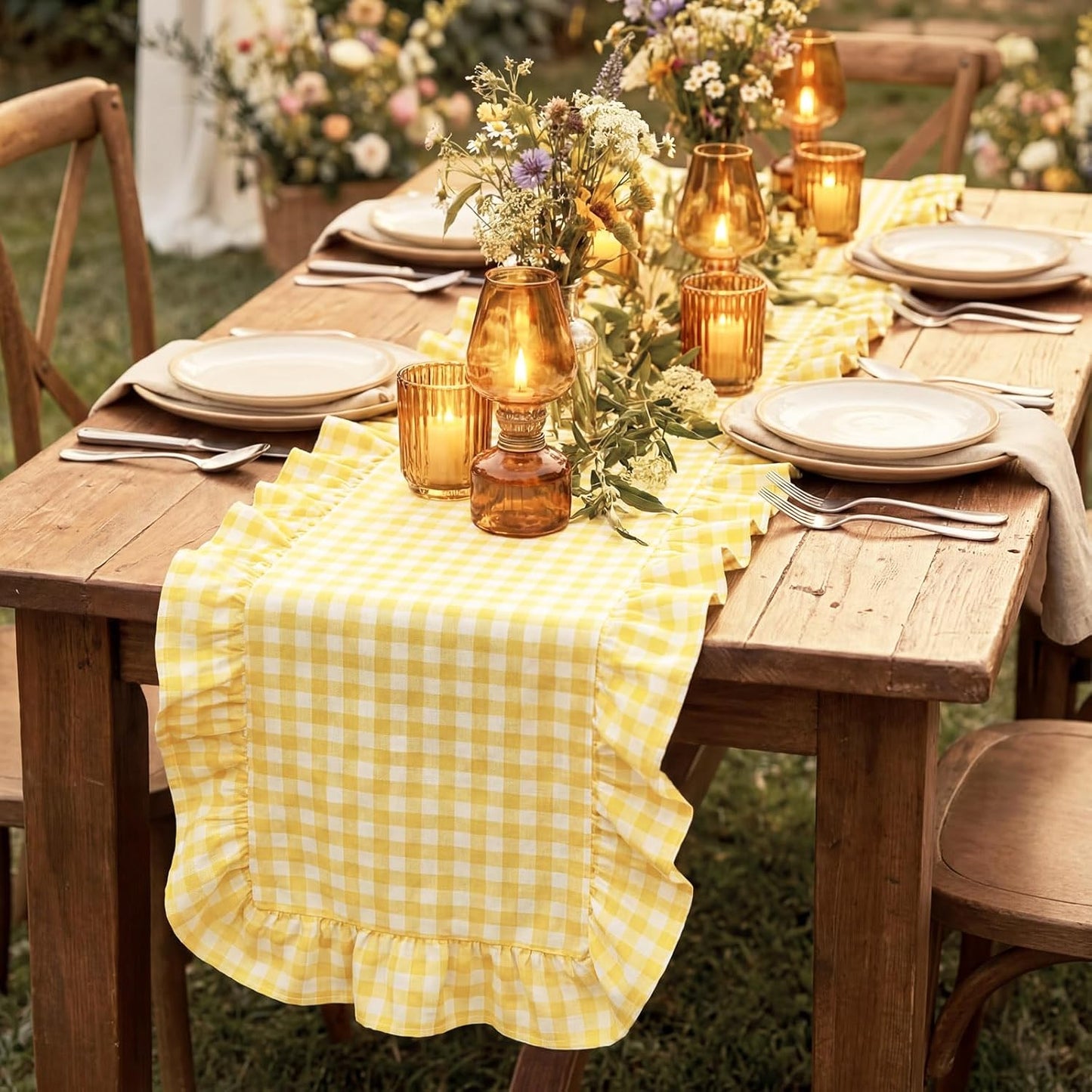 Yellow Gingham Table Runner 12''x71'' Cotton Ruffle Striped Checkered Yellow Plaid Table Runner for Home Kitchen Dinner Party Decorations