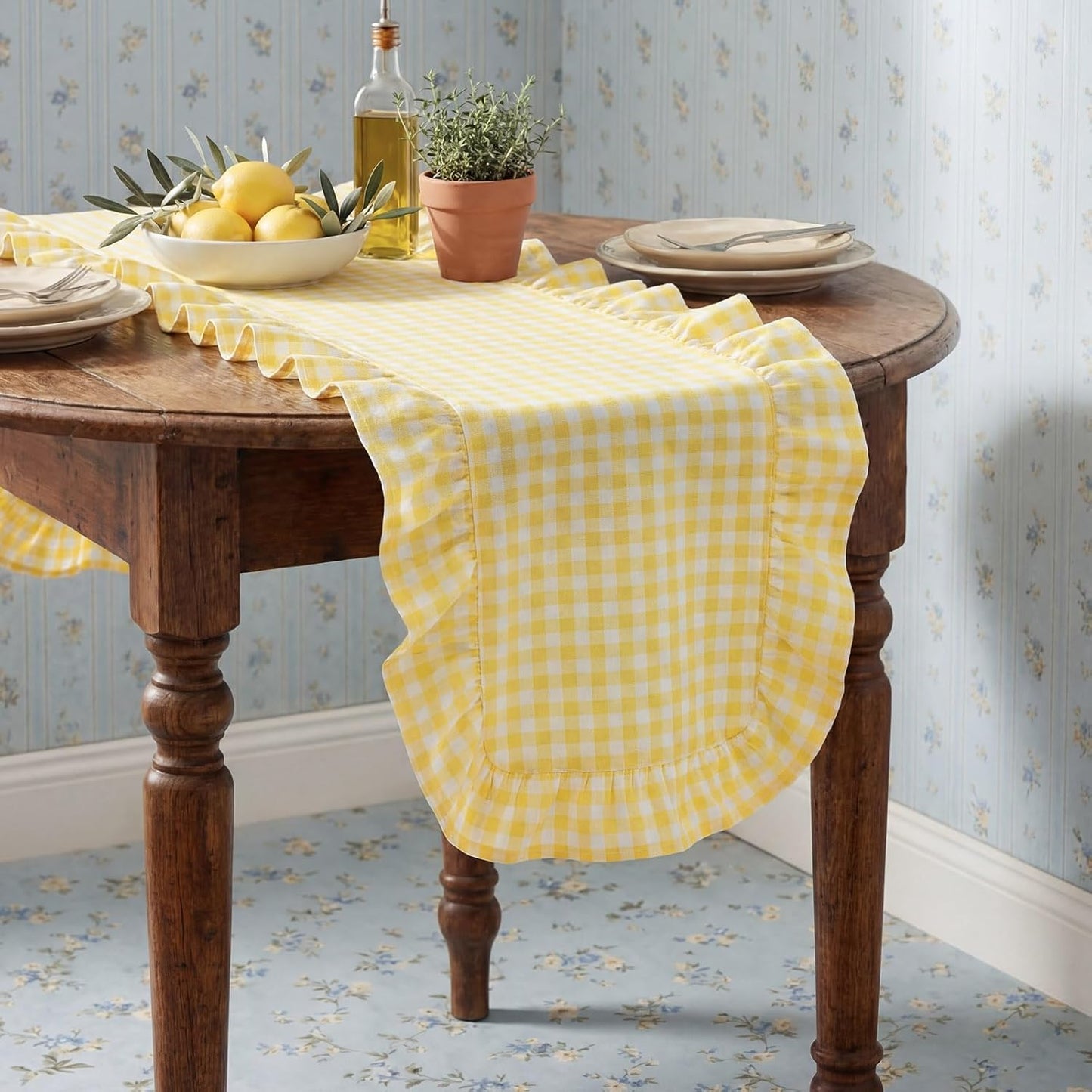 Yellow Gingham Table Runner 12''x71'' Cotton Ruffle Striped Checkered Yellow Plaid Table Runner for Home Kitchen Dinner Party Decorations