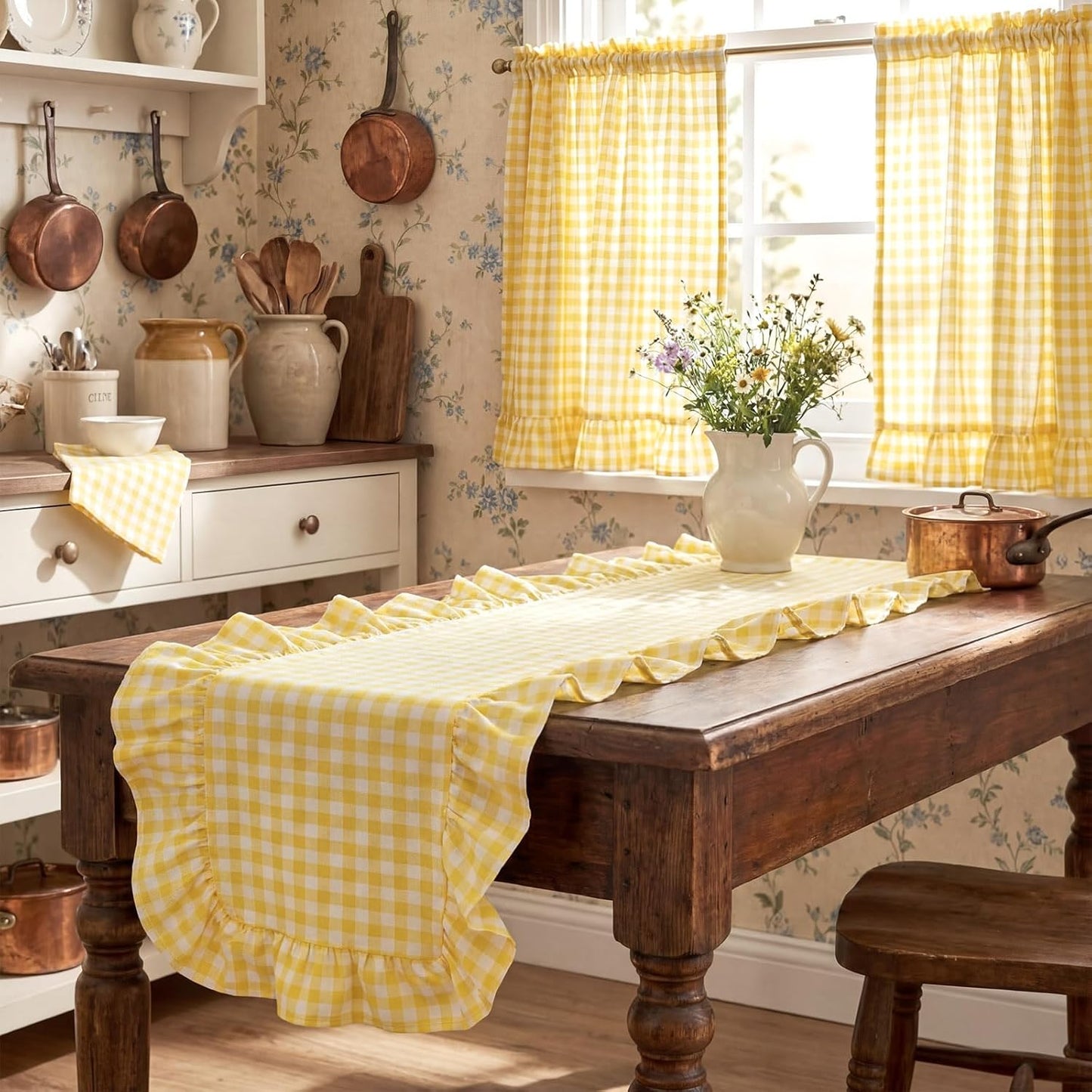 Yellow Gingham Table Runner 12''x71'' Cotton Ruffle Striped Checkered Yellow Plaid Table Runner for Home Kitchen Dinner Party Decorations