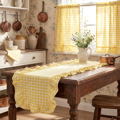 Yellow Gingham Table Runner 12''x71'' Cotton Ruffle Striped Checkered Yellow Plaid Table Runner for Home Kitchen Dinner Party Decorations