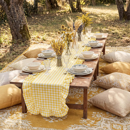 Yellow Gingham Table Runner 12''x71'' Cotton Ruffle Striped Checkered Yellow Plaid Table Runner for Home Kitchen Dinner Party Decorations