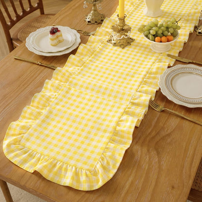Yellow Gingham Table Runner 12''x71'' Cotton Ruffle Striped Checkered Yellow Plaid Table Runner for Home Kitchen Dinner Party Decorations