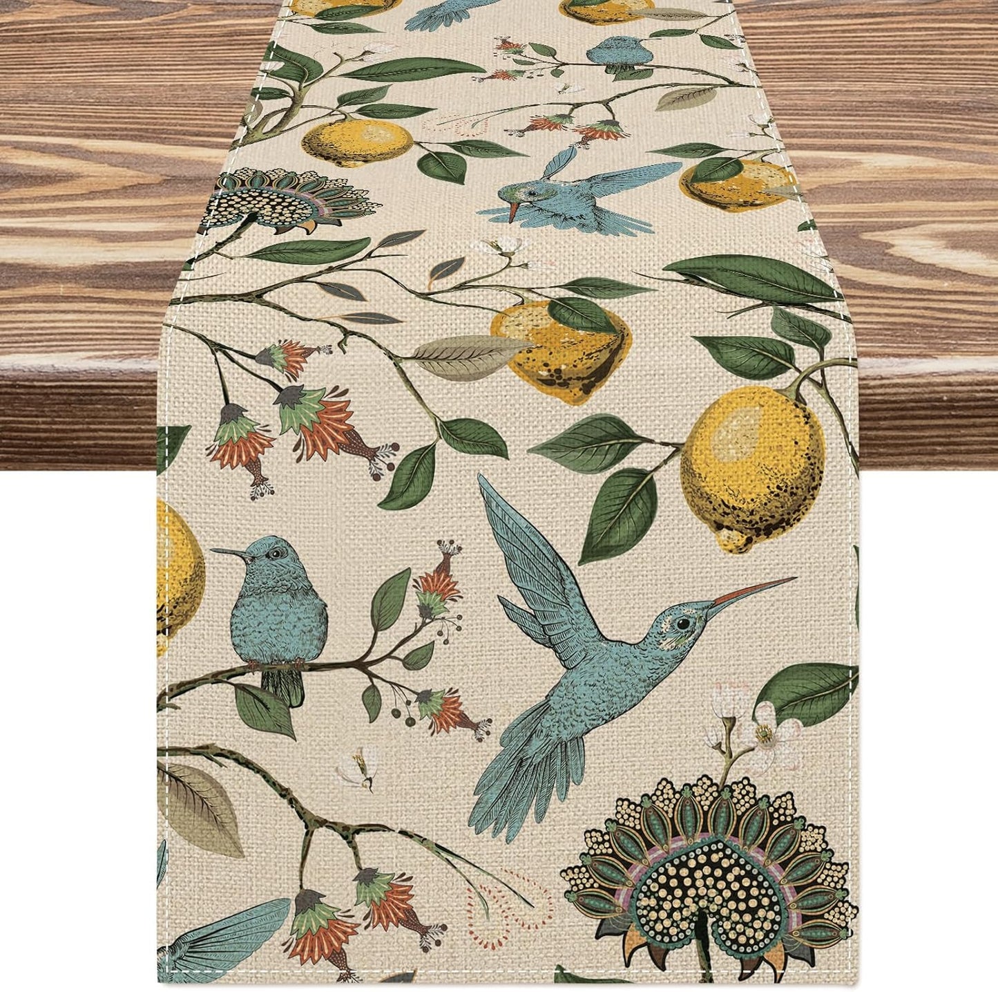 Lemon Table Runner Summer Blue Bird Lemon Tree Kitchen Dining Table Decoration Retro Decorative Seasonal Table Cover for Indoor Outdoor Home Party Supplies, 13 x 72 Inch