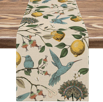 Lemon Table Runner Summer Blue Bird Lemon Tree Kitchen Dining Table Decoration Retro Decorative Seasonal Table Cover for Indoor Outdoor Home Party Supplies, 13 x 72 Inch