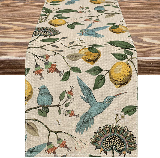 Lemon Table Runner Summer Blue Bird Lemon Tree Kitchen Dining Table Decoration Retro Decorative Seasonal Table Cover for Indoor Outdoor Home Party Supplies, 13 x 72 Inch