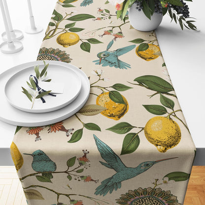 Lemon Table Runner Summer Blue Bird Lemon Tree Kitchen Dining Table Decoration Retro Decorative Seasonal Table Cover for Indoor Outdoor Home Party Supplies, 13 x 72 Inch