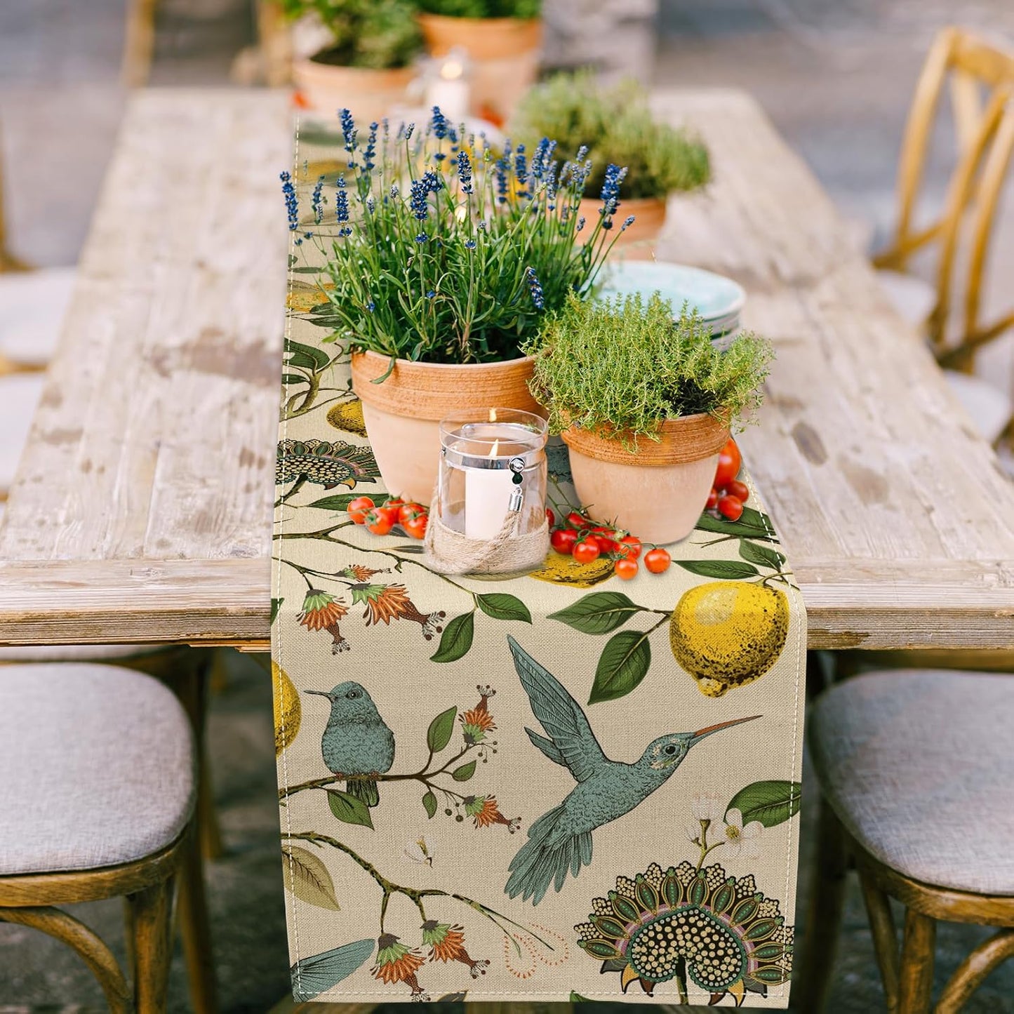 Lemon Table Runner Summer Blue Bird Lemon Tree Kitchen Dining Table Decoration Retro Decorative Seasonal Table Cover for Indoor Outdoor Home Party Supplies, 13 x 72 Inch