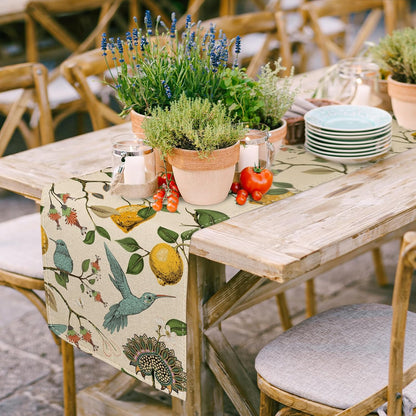 Lemon Table Runner Summer Blue Bird Lemon Tree Kitchen Dining Table Decoration Retro Decorative Seasonal Table Cover for Indoor Outdoor Home Party Supplies, 13 x 72 Inch