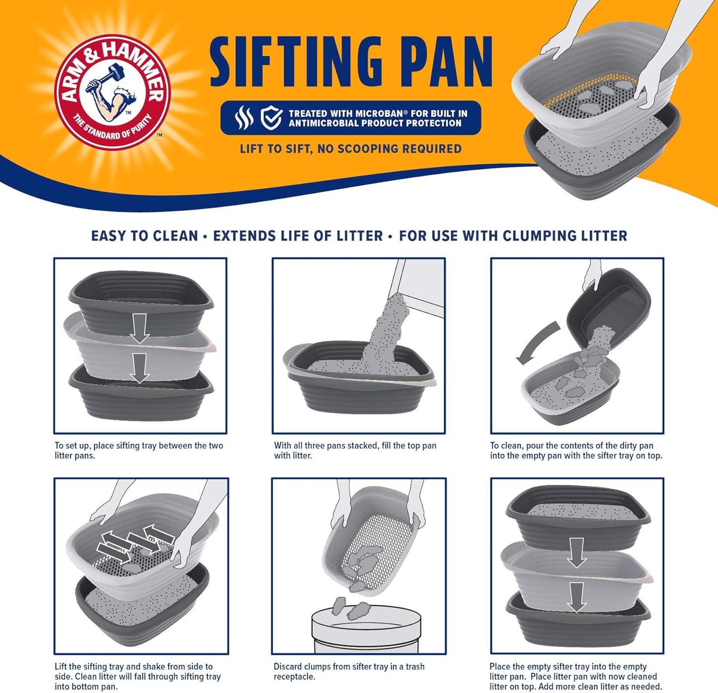 Large Sifting Litter Box Scoop Free Cat Litter Tray with Microban, Made in USA | Antimicrobial product protection, ideal for indoor felines, simple lift, shake and pour cleanup, helps keep odors in check