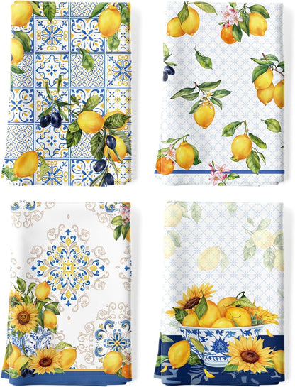 Lemon Floral Tea Towels, Cotton Kitchen Towel 18.9 × 27.5 inch, Quick Drying Dish Cloth for Party Anniversary Holiday Decoration, Housewarming Gifts for Mom