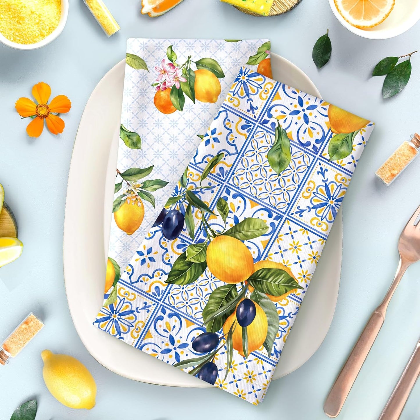 Lemon Floral Tea Towels, Cotton Kitchen Towel 18.9 × 27.5 inch, Quick Drying Dish Cloth for Party Anniversary Holiday Decoration, Housewarming Gifts for Mom