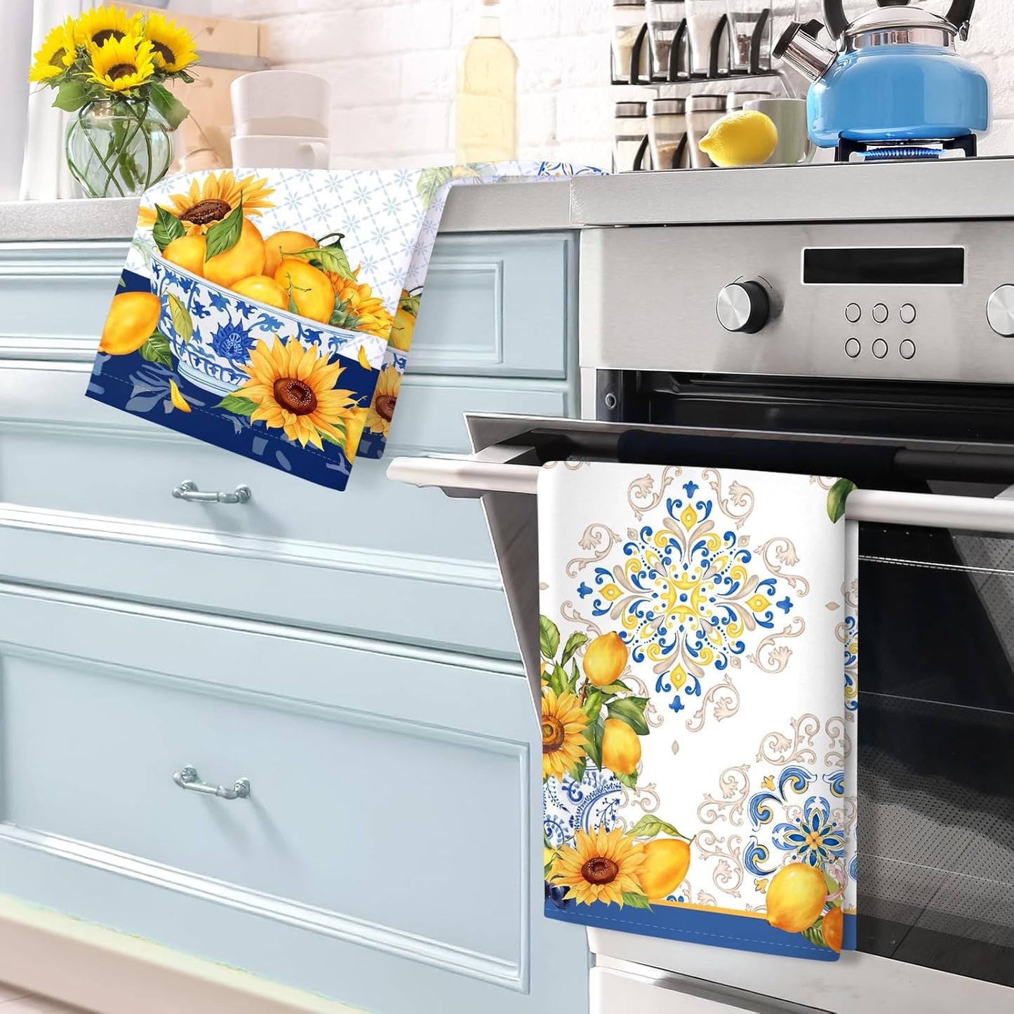 Lemon Floral Tea Towels, Cotton Kitchen Towel 18.9 × 27.5 inch, Quick Drying Dish Cloth for Party Anniversary Holiday Decoration, Housewarming Gifts for Mom