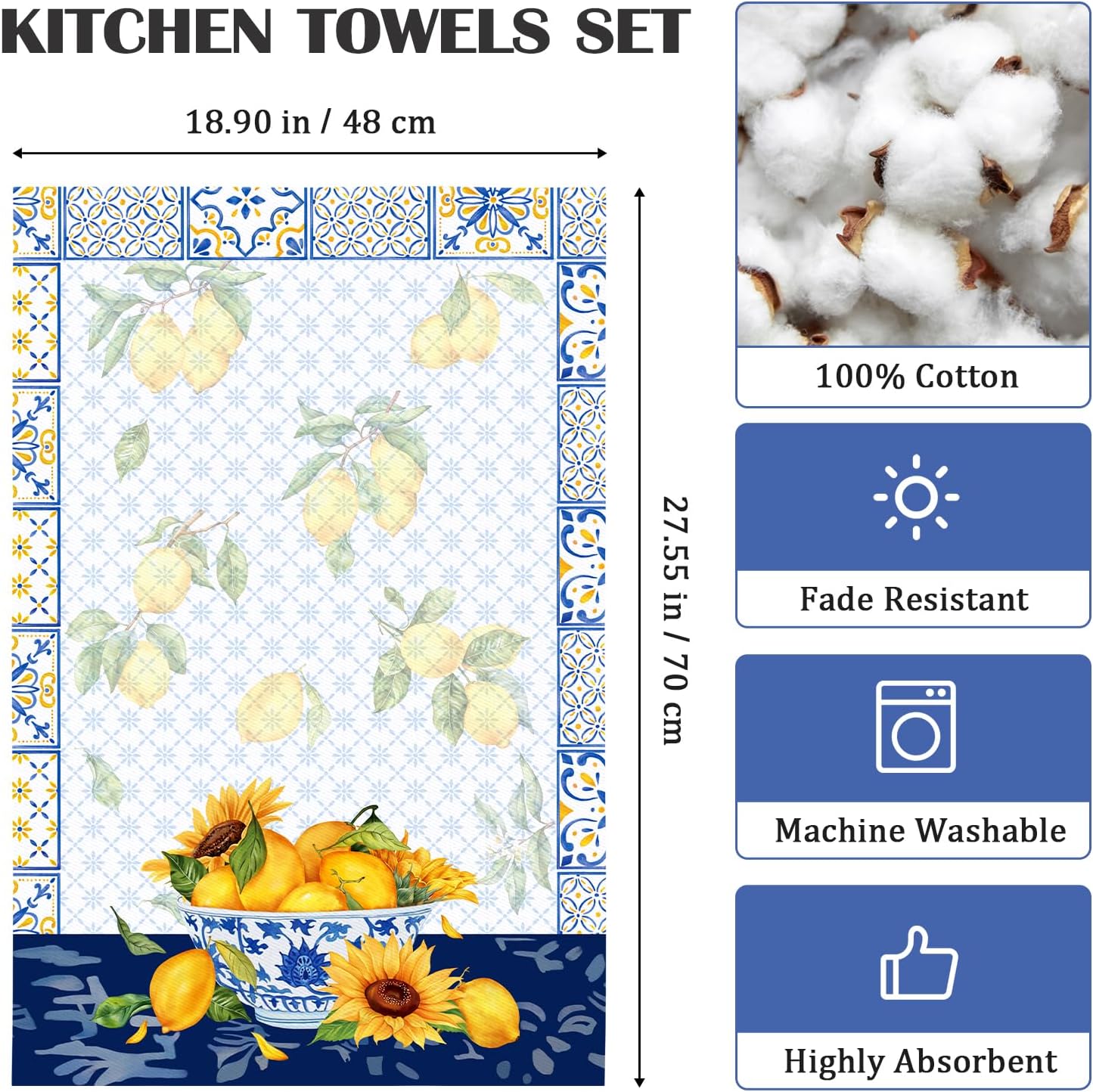 Lemon Floral Tea Towels, Cotton Kitchen Towel 18.9 × 27.5 inch, Quick Drying Dish Cloth for Party Anniversary Holiday Decoration, Housewarming Gifts for Mom