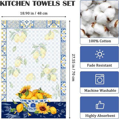 Lemon Floral Tea Towels, Cotton Kitchen Towel 18.9 × 27.5 inch, Quick Drying Dish Cloth for Party Anniversary Holiday Decoration, Housewarming Gifts for Mom