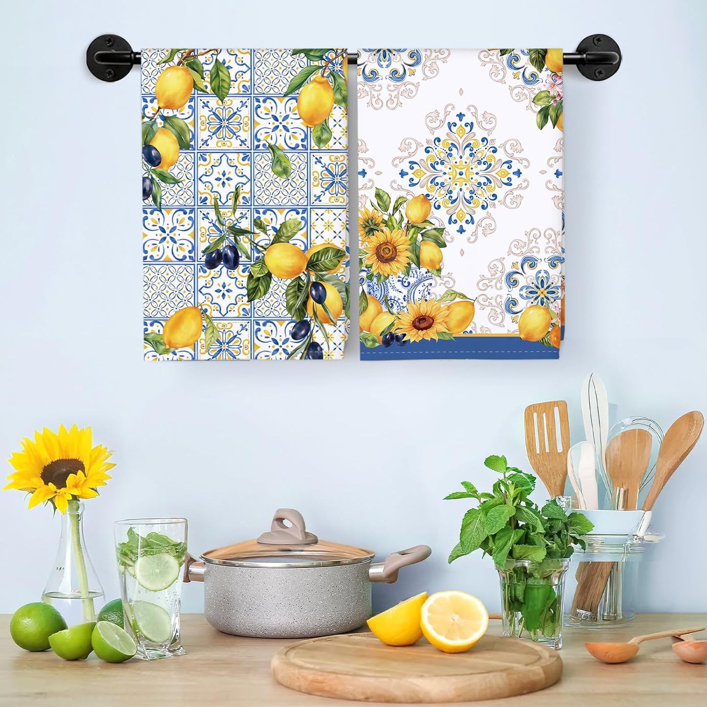 Lemon Floral Tea Towels, Cotton Kitchen Towel 18.9 × 27.5 inch, Quick Drying Dish Cloth for Party Anniversary Holiday Decoration, Housewarming Gifts for Mom