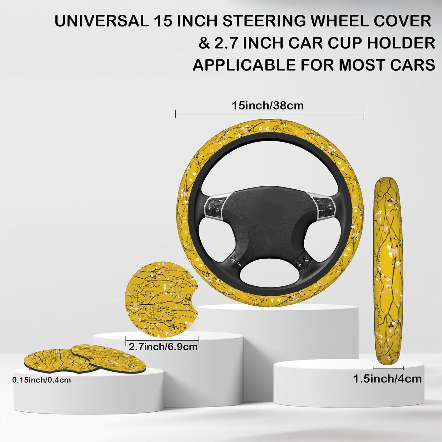 Yellow Botanical Floral Steering Wheel Cover for Women, Anti-Slip Car Steering Wheel Cover with 2 Pcs Cup Holders Neoprene Breathable Car Accessories Universal 15 Inch Auto Interior Decor