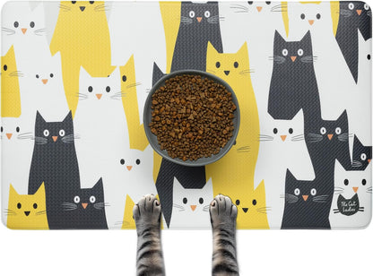 Cats Feeding Mat - Waterproof Dishwasher Safe Small Pet Eating Placemat - Cat Dog Food Mats for Food and Water Bowl - Protect Floors from Mess - Black & Yellow Cats