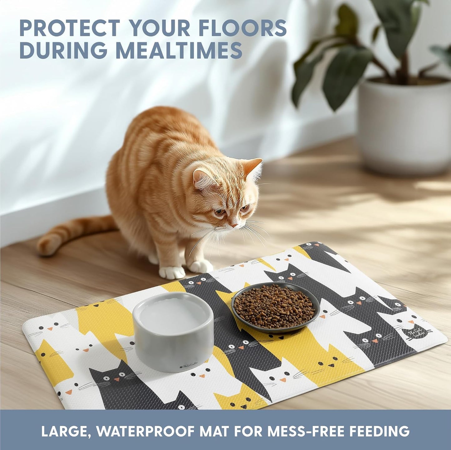 Cats Feeding Mat - Waterproof Dishwasher Safe Small Pet Eating Placemat - Cat Dog Food Mats for Food and Water Bowl - Protect Floors from Mess - Black & Yellow Cats