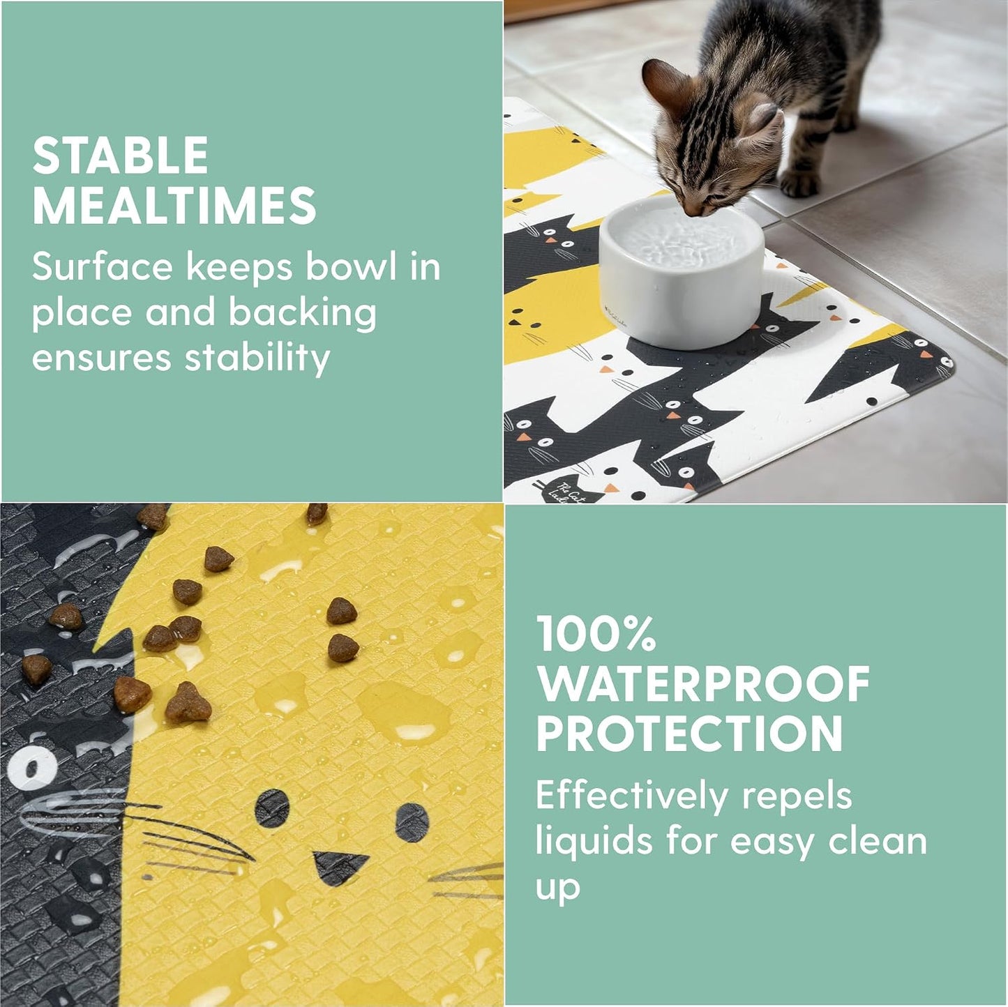 Cats Feeding Mat - Waterproof Dishwasher Safe Small Pet Eating Placemat - Cat Dog Food Mats for Food and Water Bowl - Protect Floors from Mess - Black & Yellow Cats
