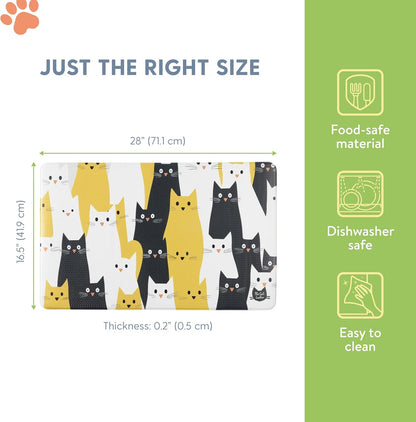 Cats Feeding Mat - Waterproof Dishwasher Safe Small Pet Eating Placemat - Cat Dog Food Mats for Food and Water Bowl - Protect Floors from Mess - Black & Yellow Cats