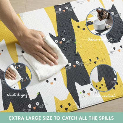 Cats Feeding Mat - Waterproof Dishwasher Safe Small Pet Eating Placemat - Cat Dog Food Mats for Food and Water Bowl - Protect Floors from Mess - Black & Yellow Cats