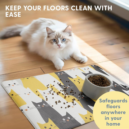 Cats Feeding Mat - Waterproof Dishwasher Safe Small Pet Eating Placemat - Cat Dog Food Mats for Food and Water Bowl - Protect Floors from Mess - Black & Yellow Cats