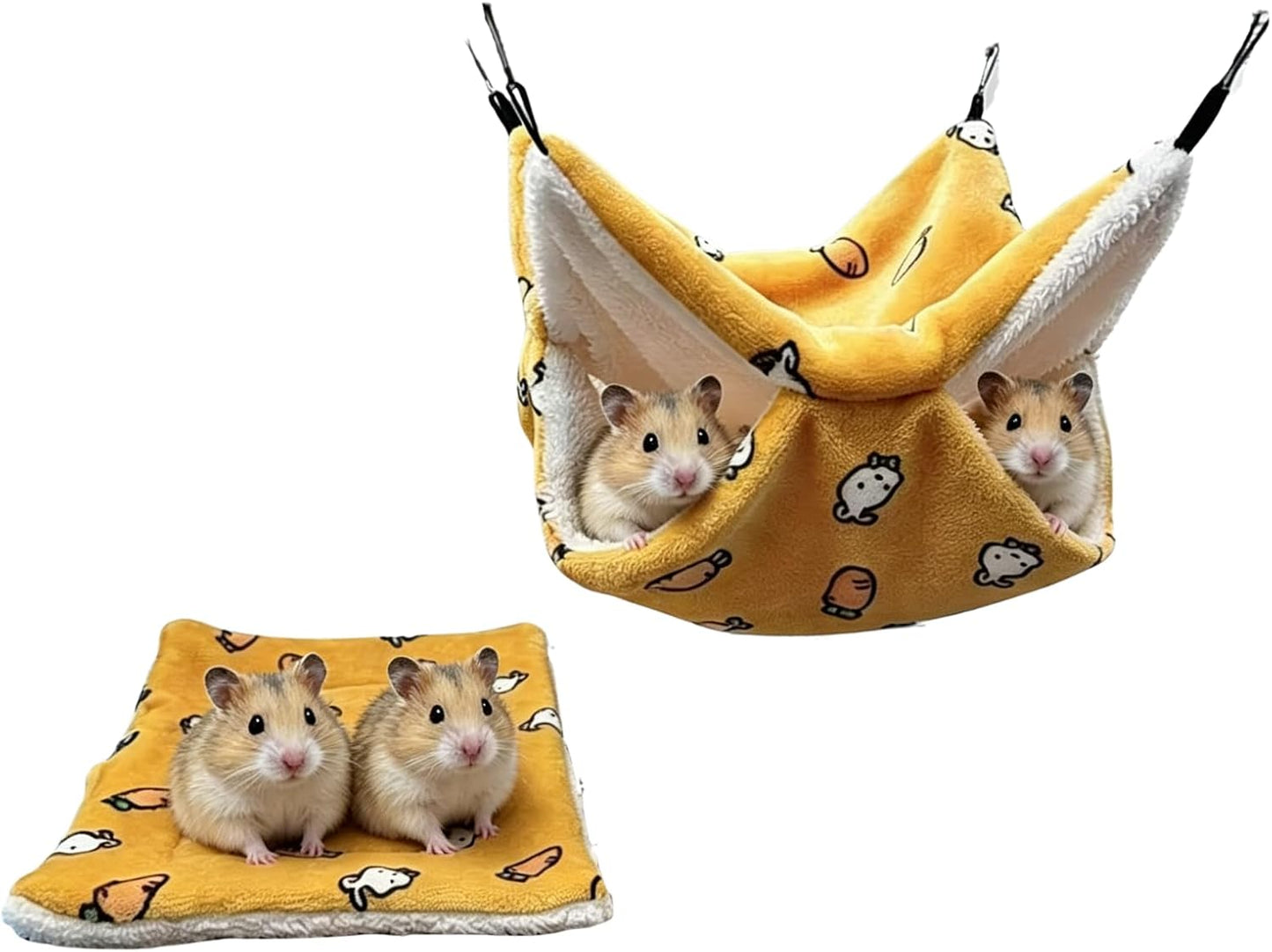 2 Pcs Guinea Pig Hammock & Mat Guinea Pig Hamster Ferret Hanging Hammock Warm Washable Bed Mat for Small Animals Chinchilla Parrot Sugar Glider Ferret Squirrel Hedgehog (Yellow,Small)