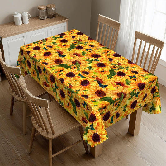 Yellow Watercolor Sunflowers Rectangular Tablecloth Butterfly Flying Among Flowers Art Painting Table Cloth with Wavy Lace Decoration Polyester Table Cover for Dining, Parties 54x72 inch
