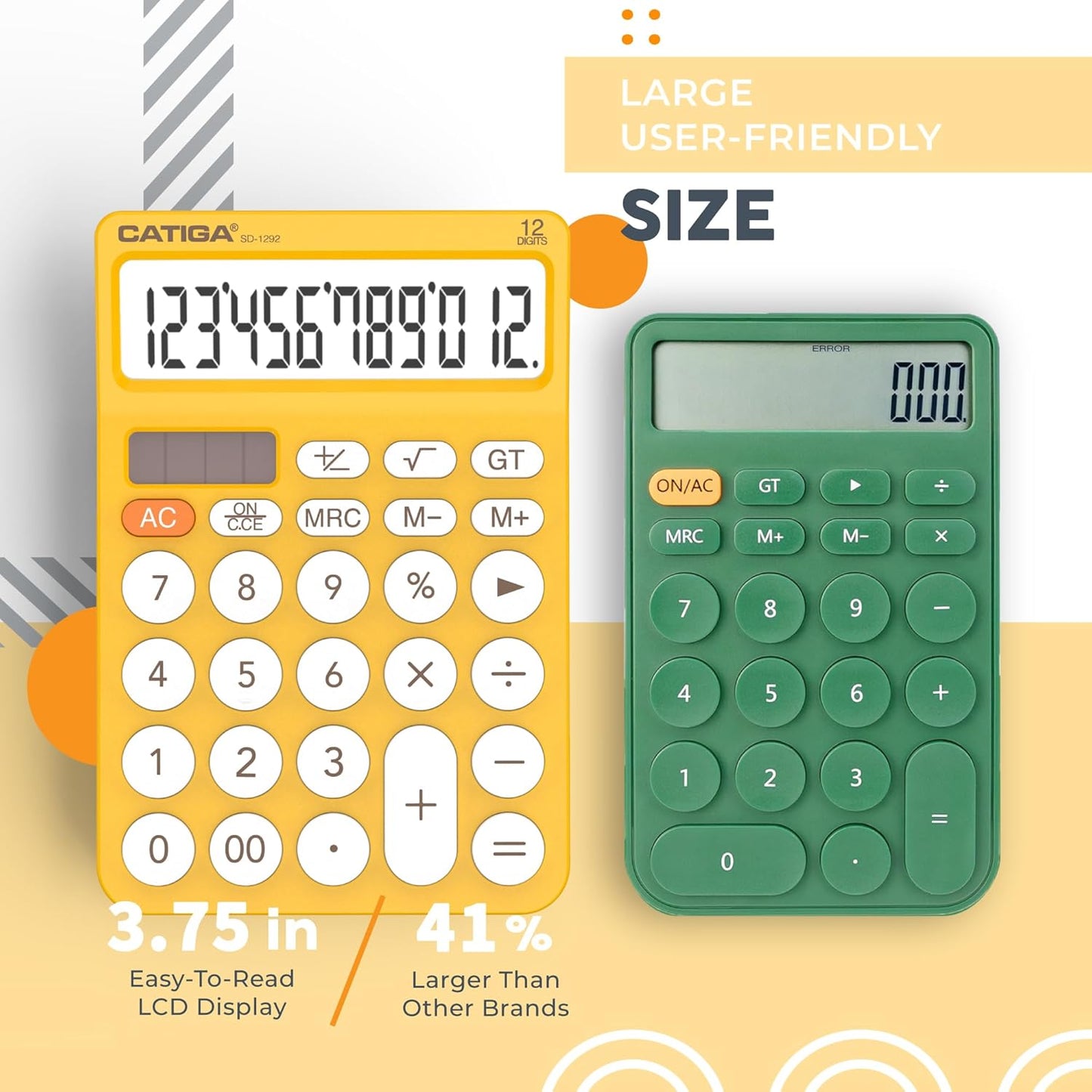 12 Digit Desktop Calculator Basic Desk Calculator with Large LCD Display, Big Buttons, 4 Function, Solar and Battery Dual Power, for Office, School, Home, SD-1292 Yellow