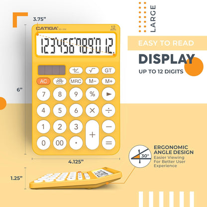 12 Digit Desktop Calculator Basic Desk Calculator with Large LCD Display, Big Buttons, 4 Function, Solar and Battery Dual Power, for Office, School, Home, SD-1292 Yellow
