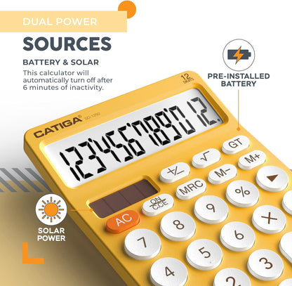 12 Digit Desktop Calculator Basic Desk Calculator with Large LCD Display, Big Buttons, 4 Function, Solar and Battery Dual Power, for Office, School, Home, SD-1292 Yellow