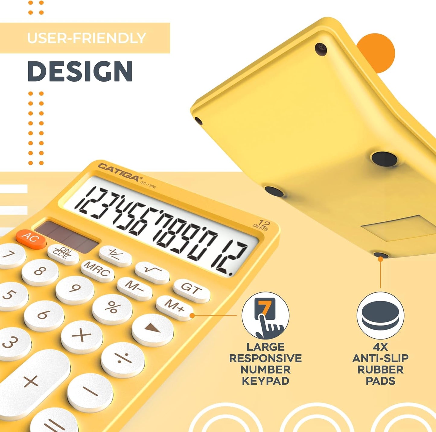 12 Digit Desktop Calculator Basic Desk Calculator with Large LCD Display, Big Buttons, 4 Function, Solar and Battery Dual Power, for Office, School, Home, SD-1292 Yellow
