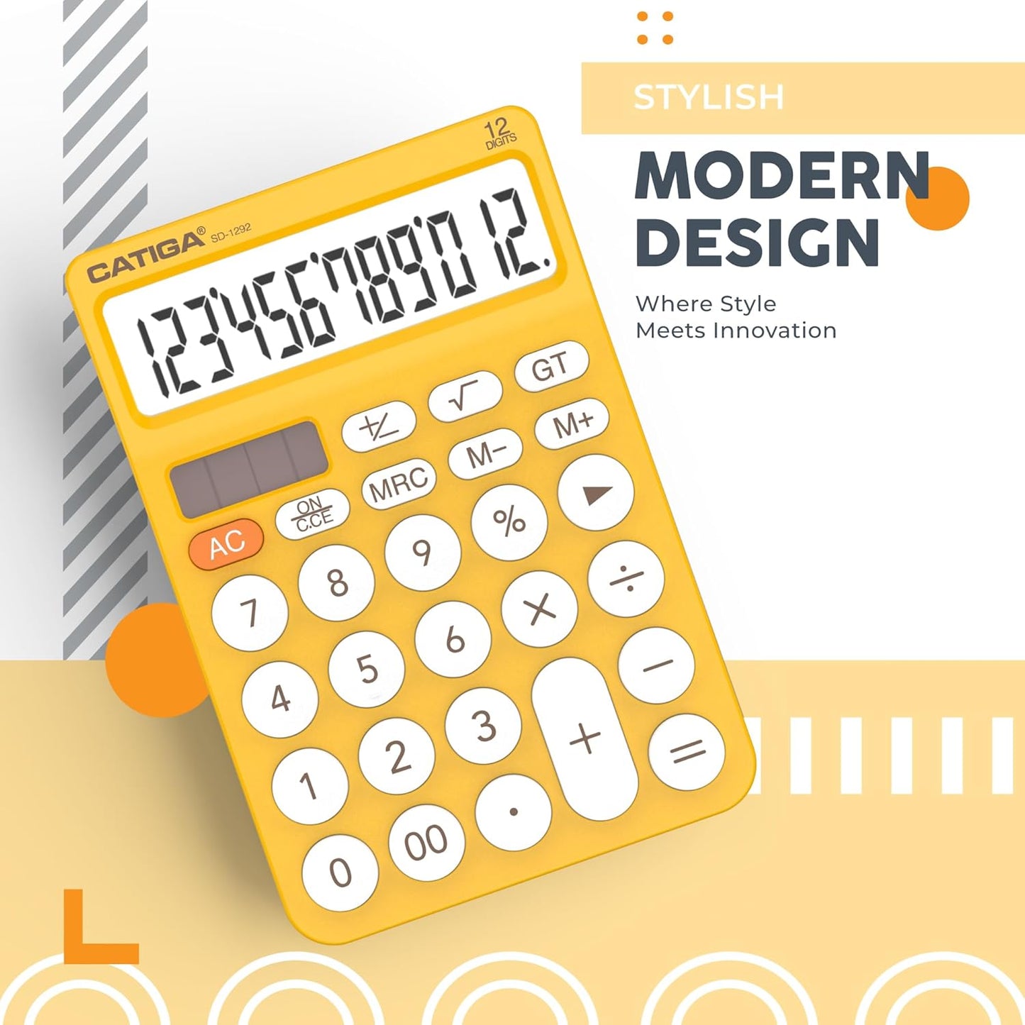12 Digit Desktop Calculator Basic Desk Calculator with Large LCD Display, Big Buttons, 4 Function, Solar and Battery Dual Power, for Office, School, Home, SD-1292 Yellow