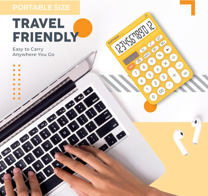 12 Digit Desktop Calculator Basic Desk Calculator with Large LCD Display, Big Buttons, 4 Function, Solar and Battery Dual Power, for Office, School, Home, SD-1292 Yellow