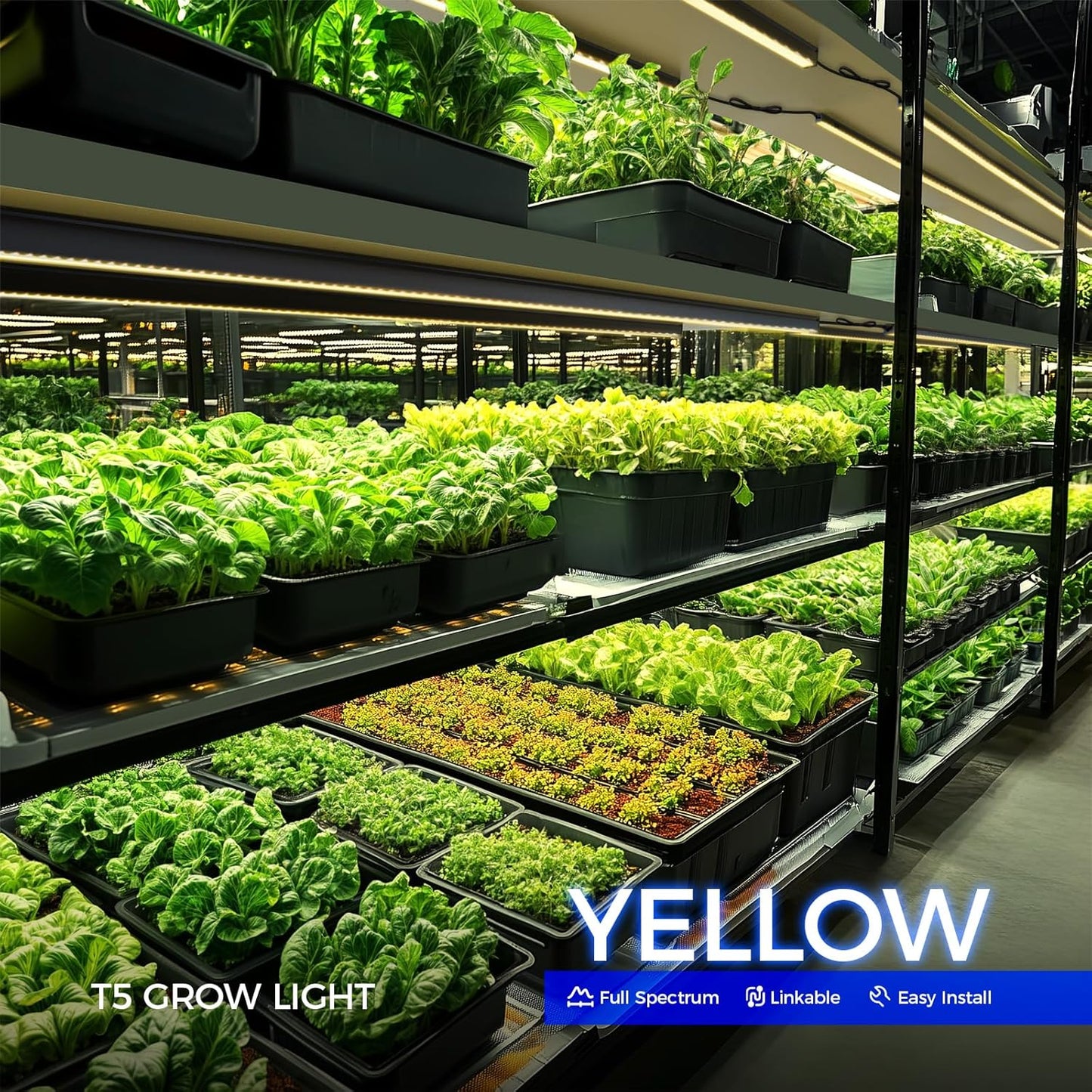 T5 Grow Lights for Indoor Plants, 4FT 160W (8 X 20W) Plant Grow Lights Indoor with Magnetic Bar, Linkable Plant Growing Lamps with Black Cover, Plug and Play, Yellow, 8 Packs