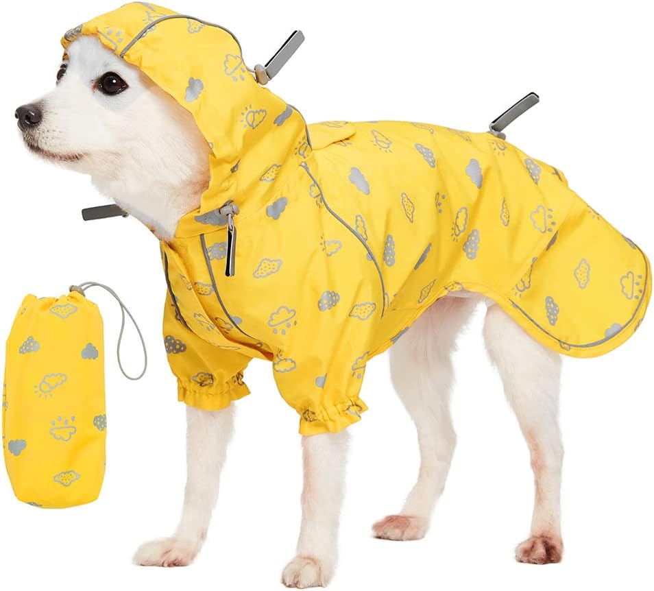 12" Reflective Cloud Prints Lightweight Waterproof Dog Raincoat with Hood & Harness Hole, Sunflower Yellow, Outdoor Rain Gear Jacket 2 Legs for Dogs