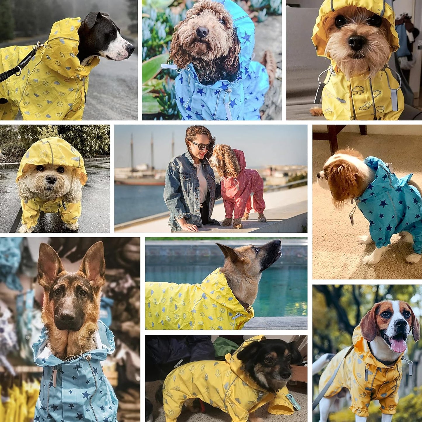 12" Reflective Cloud Prints Lightweight Waterproof Dog Raincoat with Hood & Harness Hole, Sunflower Yellow, Outdoor Rain Gear Jacket 2 Legs for Dogs