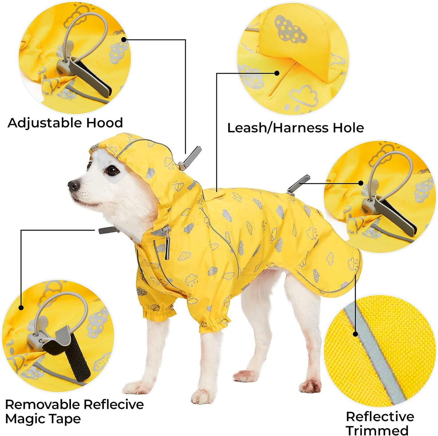12" Reflective Cloud Prints Lightweight Waterproof Dog Raincoat with Hood & Harness Hole, Sunflower Yellow, Outdoor Rain Gear Jacket 2 Legs for Dogs